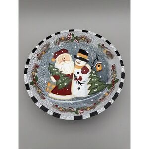 VNTG Dolgencorp Santa Claus Snowman Decorative Wood carved Bowl Christmas 12"
